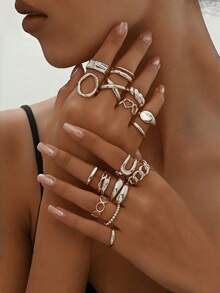 Set Cincin Punk 16 Buah untuk Wanita, Set Cincin Geometris Vintage, Aksesoris Fashion yang Dipersonalisasi - Set cincin 16 buah - View 7