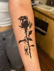 1 Sheet Black Solid Dark Style Rose Cobweb Spider Vertical Forearm Temporary Tattoo Sticker, Waterproof Long-Lasting Edgy Gothic Fake Tattoo, Body Art Decal For Wrist Rib Side Shoulder Calf Upper Arm - Black - View 2