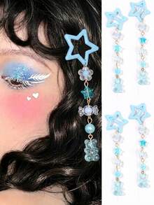 2pcs Girls Y2K Blue Star Bear Candy Decor Hair Clips, Academy Fantasy Fairy Style, Suitable As Gift For Friends - Multicolor - View 1