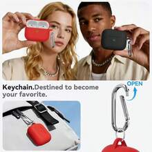 1pc Solid Color Silicone Protective Case With Carabiner Strap And Cleaning Brush - Red - View 7