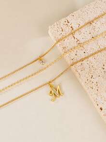 3pcs Set Exquisite Gold Tone Layered Letter Necklace Set, Personalized Letter & Rhinestone Pendant, Beaded Chain, Layerable Y2K Style Jewelry Gift, Suitable For Women And Girls - Yellow Gold - View 7