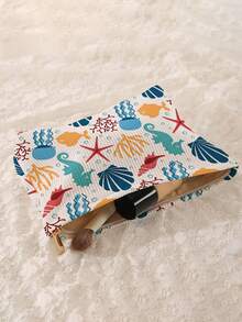 1pc Portable Cosmetic Storage Bag Ocean Series Shell & Starfish Pattern Double-Sided Printed Travel Zipper Makeup Pouch Multi-Function Toiletry Organizer - Multicolor - View 4