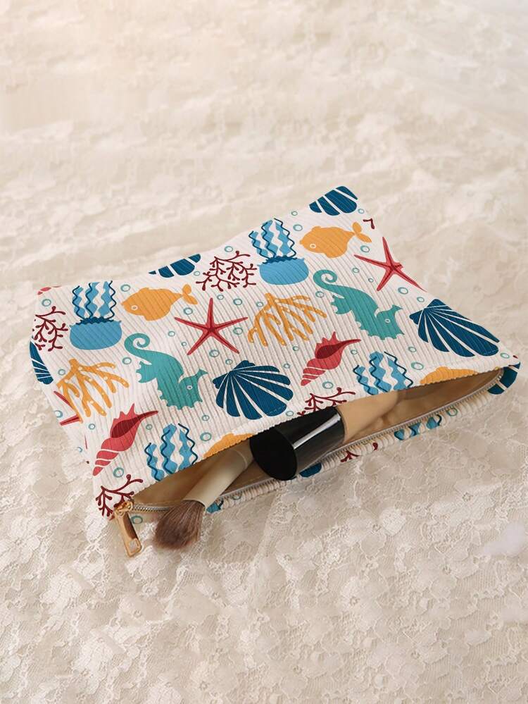 1pc Portable Cosmetic Storage Bag Ocean Series Shell & Starfish Pattern Double-Sided Printed Travel Zipper Makeup Pouch Multi-Function Toiletry Organizer - Multicolor - View 4