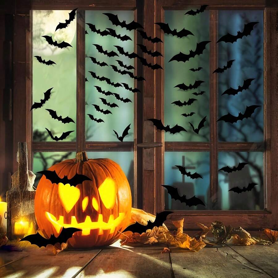 48pcs 3D Bat Wall Stickers Halloween Decoration, Black Horror Bats, 4 Sizes, Suitable For Home Decor, Room Decor, Indoor And Outdoor Hanging Decoration - Multicolor - View 1