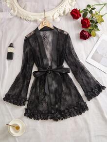 Spring/Summer Lace Trim Comfortable Soft Robe With Waist Tie For Women, All-Season Party Sleepwear, Elegant Morning Robe - Black - View 2