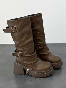 Multi-Buckle Ruched Thick Sole Knee-High Boots, Plus Size Women's Vintage Autumn/Winter Street Rider Boots - Khaki - View 4