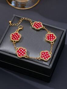 3pcs/1pc Fashion Black White Red Polka Dot Pattern Zinc Alloy & Acrylic Material Lucky Five-Leaf Clover Bracelet For Women, Suitable For Daily Wear - Multicolor - View 6