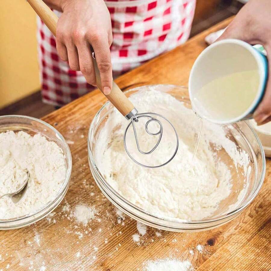 1/2pcs Dough Whisk, Egg Beater With Dough Scraper, Made Of High-Quality Stainless Steel With Ergonomic Wooden Handle, Perfect For Making Sourdough, Pizza Dough And Pastries