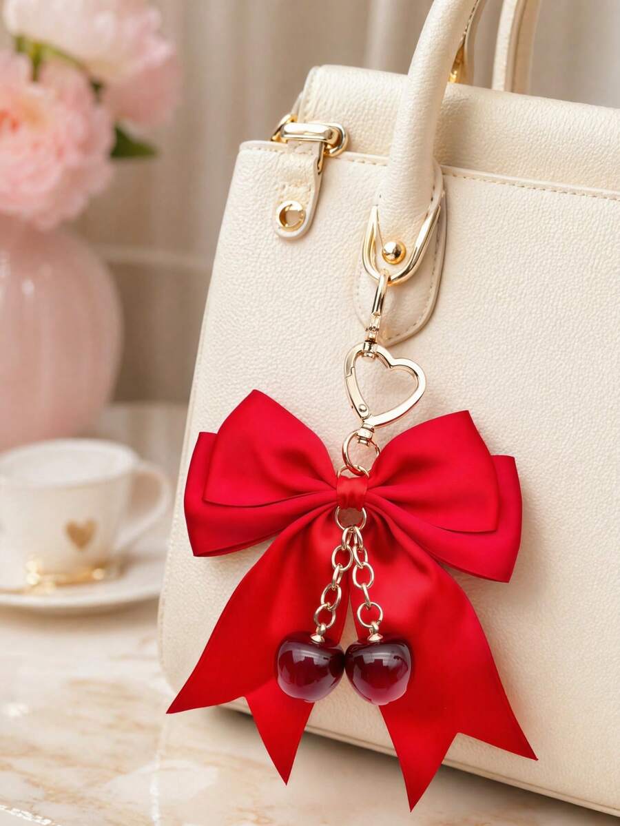 1 pieza Encantador lazo de cola de golondrina con cinta, colgante de cartera de cereza, accesorio de llavero para mujer, colgante de cartera, colgante de bolso, adorno colgante para interior de coche, lazo de material de poliéster, accesorio de bolso rosa, colgante de mochila de viaje, decoración de habitación, regalo festivo