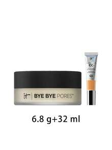 IT Cosmetics [حزمة] بودرة تثبيت فضفاضة Bye Bye Pores بلمسة خالية من المسام 6.8 جم + كريم CC+ كريم أساس تغطية كاملة SPF50 لون تان 32 مل - شفاف + بني فاتح - مشاهدة 2