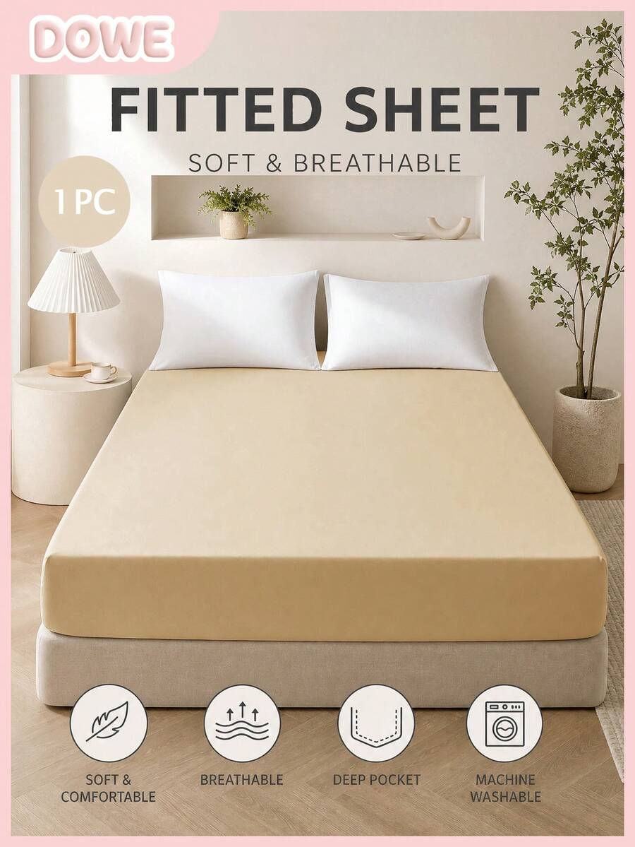 1pc Solid Color 25cm Deep Pocket Fitted Sheet, Soft & Breathable Mattress Protector, Suitable For All Bed Sizes, Dorm & Home Bedding Decor - Beige - View 1