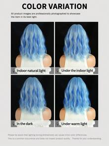 7JHH WIGS Shoulder-Length Wavy Bob Wigs For Women 14 Inch Short Curly Middle Part Wig With Curtain Bangs, Natural-Looking Synthetic Heat-Resistant Fiber Wig For Party Cosplay Use ( Blue, Pink, Red, Brown ) - Multicolor - View 7