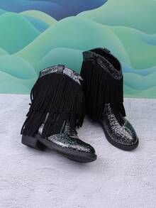 女童短款中筒靴，亮片刺繡流蘇高跟西部靴，拼色圓頭側拉鍊 - 黑色 - 查看 2