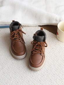 Children's Brown Work Boots, Knitted Collar Side Zipper Hiking Boots, Non-Slip Thick Sole Outdoor Boots For Boys And Girls - Brown - View 4