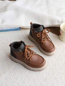 Children's Brown Work Boots, Knitted Collar Side Zipper Hiking Boots, Non-Slip Thick Sole Outdoor Boots For Boys And Girls - Brown - View 5