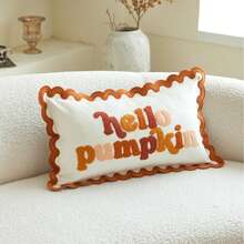 LCUHPCL 1pc Halloween Thanksgiving Ruffle Edge Letter 3D Plush Towel Hello Pumpkin Embroidered Pillowcase, Suitable For Bedroom, Living Room, Sofa, Daily Use, Party And Various Occasions - White - View 4