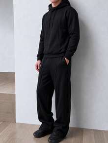 HEYKESON Men's Casual 2 Pieces Set, Curved Contrast Stitch Hooded Sweatshirt With Drawstring Hood And Wide Leg Elastic Waist Sweatpants, Daily Streetwear Outfit - Black - View 6