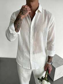 Camisa de lino para hombre, minimalista, blanca, con textura transpirable de manga larga casual - Blanco - Ver 4