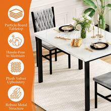 3-Piece Dining Room Table And Chairs Set, Faux Marble Kitchen Table With 2 Velvet Upholstered Chairs, 2-Person Rectangle Small Dinner Table Set For 2 - Marble White/Gray Velvet - View 7