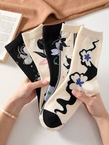 5 Pairs Elegant Ink Floral Pattern Women's Mid-Calf Socks, Non-Slip Comfortable, Suitable For All Seasons - View 2