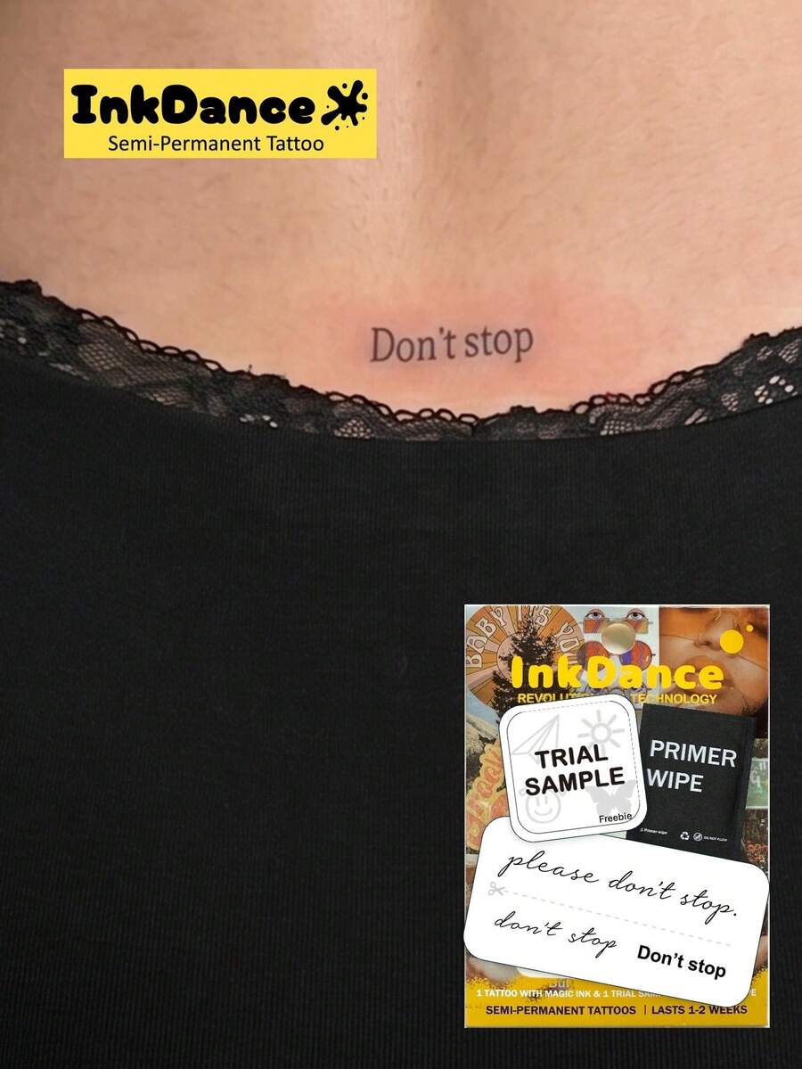 1組「Don't Stop」新科技紋身貼紙,性感迷人,半永久,Y2K風格,臨時紋身,逼真紋身,防水且持久,逼真設計,植物基配方,InkDance,Ink Dance,禮物 X005 - 黑色 - 查看 1