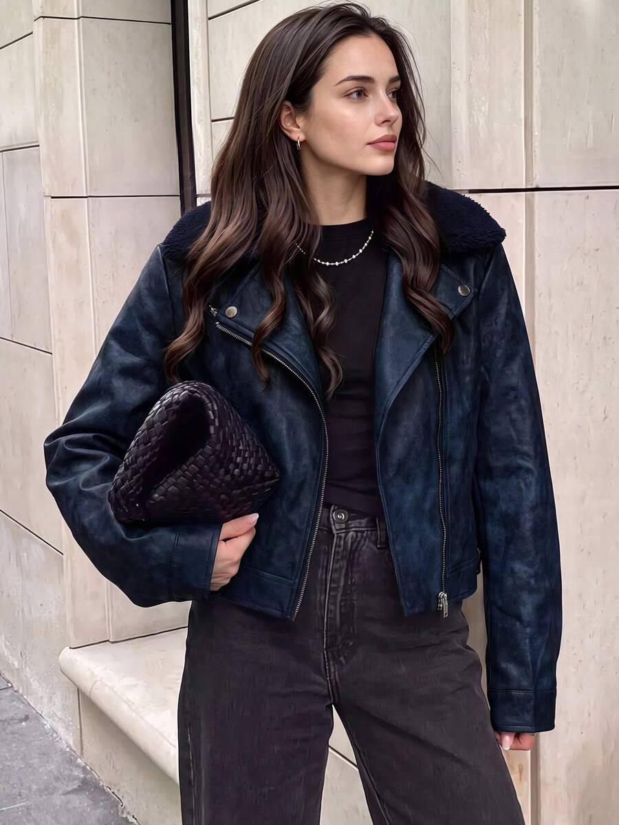 Fall Vintage Navy Fleece Collar Moto Cropped Jacket For Women, Asymmetric Zipper Loose Biker Outerwear For Work Party - Blue - View 1