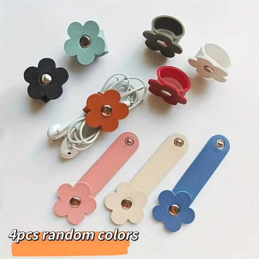 4pcs. Color Random Set Flower Shaped PU Leather Material Data Cable, Ear Line Storage Buckle - Flower, Random Color - View 1