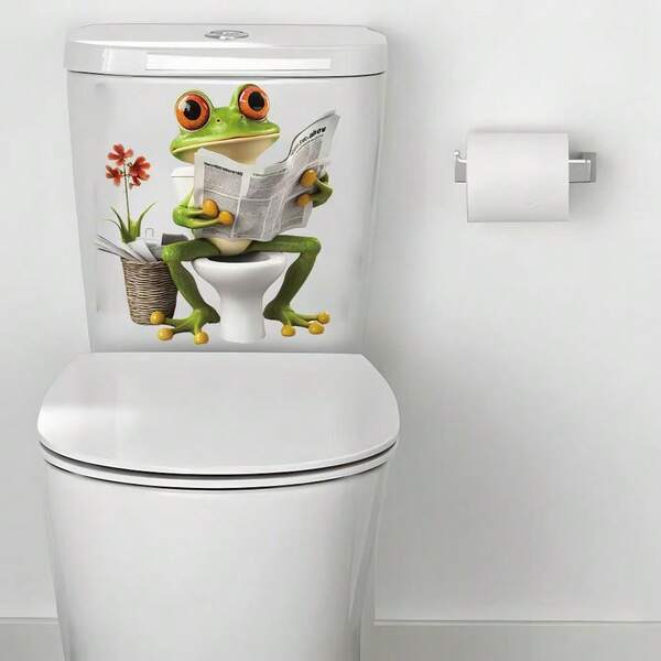 1pc Cute Frog Reading Newspaper On Toilet Sticker, Toilet Decoration Sticker, Bathroom Decoration Sticker, Removable Waterproof Sticker, Toilet Lid Sticker, Toilet Lid Tile Sticker, Bathroom Decoration Removable Tile Sticker