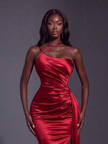 Vestido largo formal elegante, con cuello asimétrico, decoración de volantes, diseño de abertura alta, adecuado para fiestas, banquetes, bodas, bailes de graduación y otras ocasiones formales de primavera - Burdeos - Ver 3