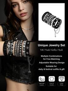 Xiacheng 1/3/4pcs PU Leather Rivet Punk Bracelet, Unisex Gothic Style Rivet Cuff Wristband, Adjustable Punk Rock Accessory For Halloween Party, Holiday - Black 3 - View 2