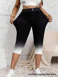 Celana Panjang 3/4 Motif Denim Ukuran Besar, Elastis Sedang, Potongan Ramping, dengan Kantong Palsu, Legging Ketat Desain Gradien Modis untuk Liburan - MultiWarna - View 3