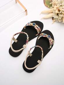 Beige Floral Braided Elastic Ankle Strap Sandals, Sapphire Rhinestone Flat Roman Sandals, Women Beach Sandals For Summer Vacation - Beige - View 7