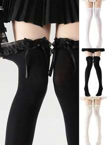 1 Pair Bow Lace Over-The-Knee Socks, Suitable For Matching With Mini Skirts, Y2K Style - Multicolor - View 2
