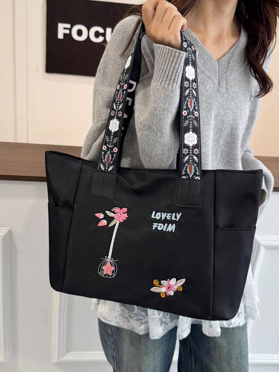 純色女款單肩包，極簡休閒大容量托特包，斜挎包，公事包 - 黑色 - 查看 1