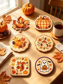 1pc/6pcs Exquisite Autumn Wooden Coasters, Cute Squirrel, Ghost, Maple Leaf And Pumpkin Patterns, Suitable For Home, Kitchen, Dining Room, Office, Holiday Party, Birthday Gift, Halloween Coasters, Thanksgiving Coasters, 2D Flat Design, Home Decor - Multicolor - View 2