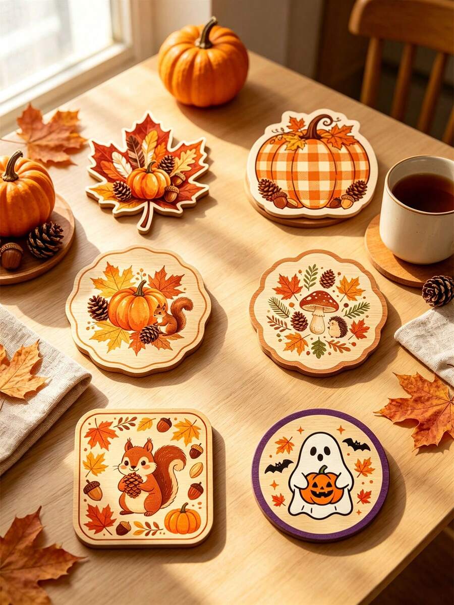 1pc/6pcs Exquisite Autumn Wooden Coasters, Cute Squirrel, Ghost, Maple Leaf And Pumpkin Patterns, Suitable For Home, Kitchen, Dining Room, Office, Holiday Party, Birthday Gift, Halloween Coasters, Thanksgiving Coasters, 2D Flat Design, Home Decor