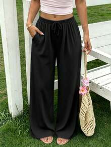 Plus Size Women's Black Ribbed Drawstring Elastic Waist Wide Leg Pants, Dual Pockets Casual Slimming Long Pants - Black - View 9