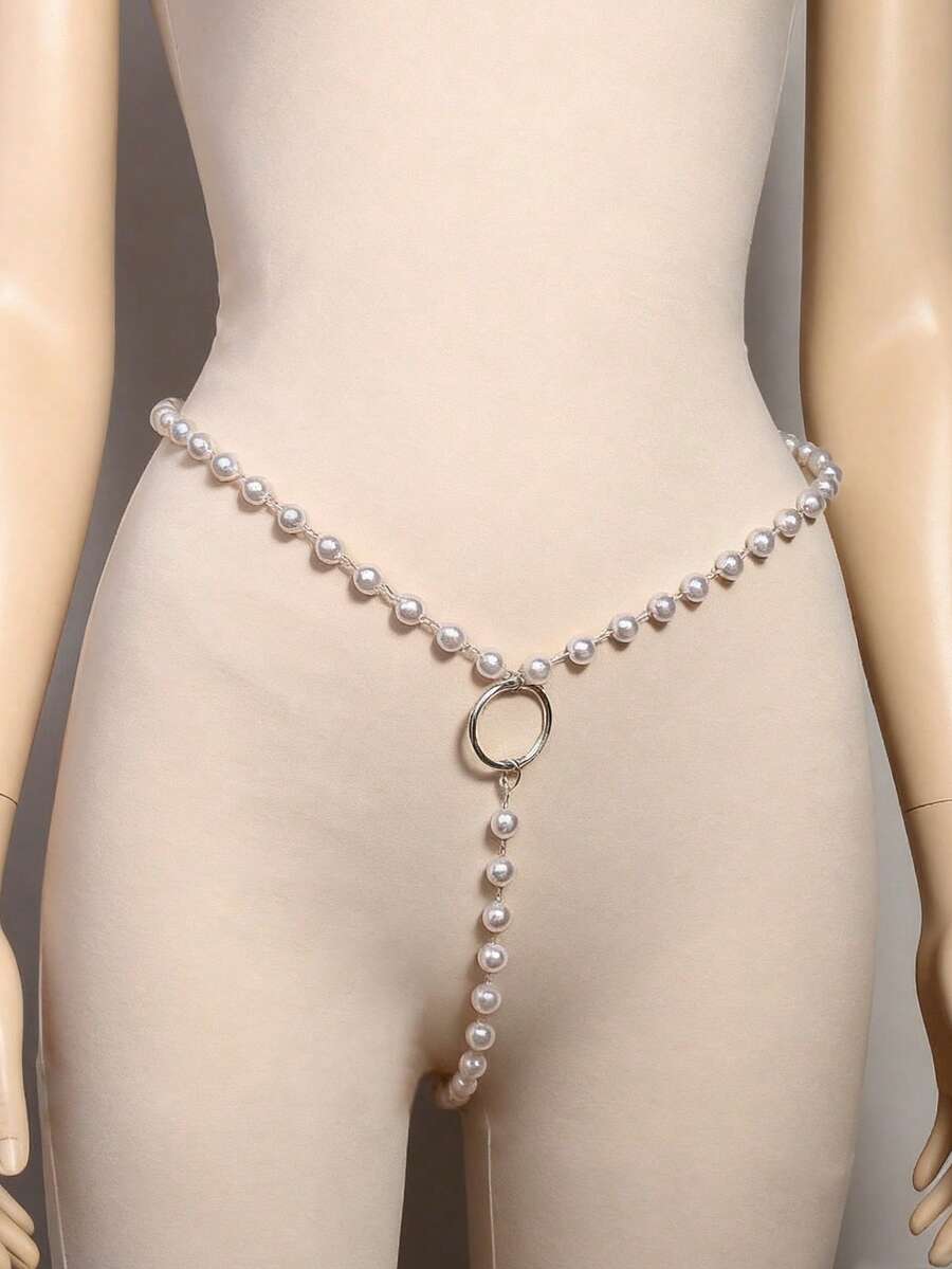 1pc Sexy Women's Faux Pearl Thong Underwear Chain, Fashionable Women's Rhinestone Body Chain, Shiny Gold/Silver Available, Bikini, Sexy Lingerie Accessory, Beachwear, Rave Outfit, Role Play, Nightclub, Date Night, Valentine's Day, Holiday Celebration Accessory, Sexy Dress Accessory - Multicolor - View 1