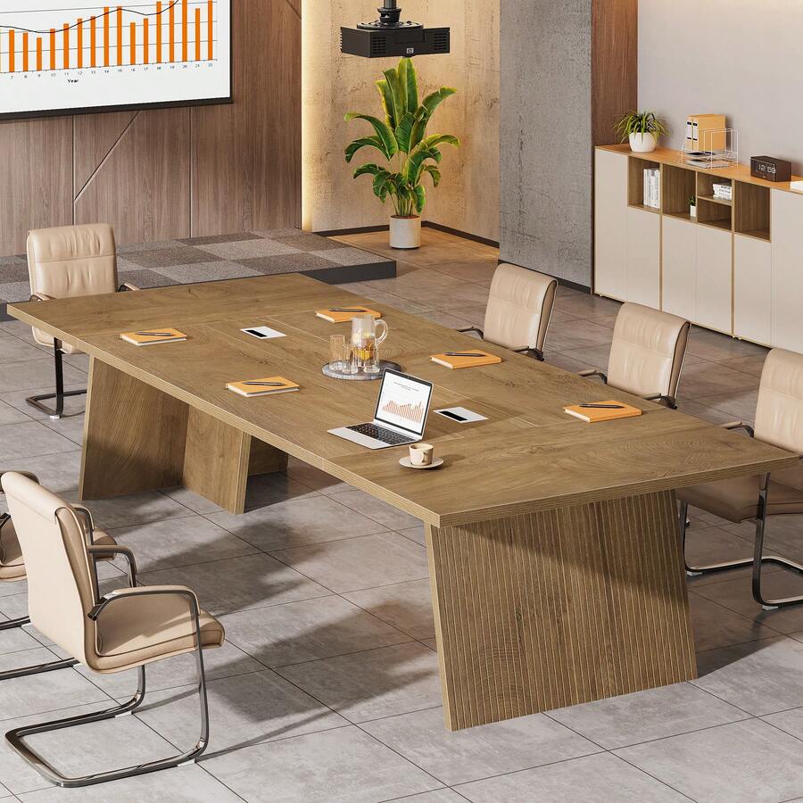 FINMIND 94.49" Large Rectangular Wood Conference Table, Modern Executive Meeting Table, Seats 8-10 People For Office Conference Room - Brown - View 1