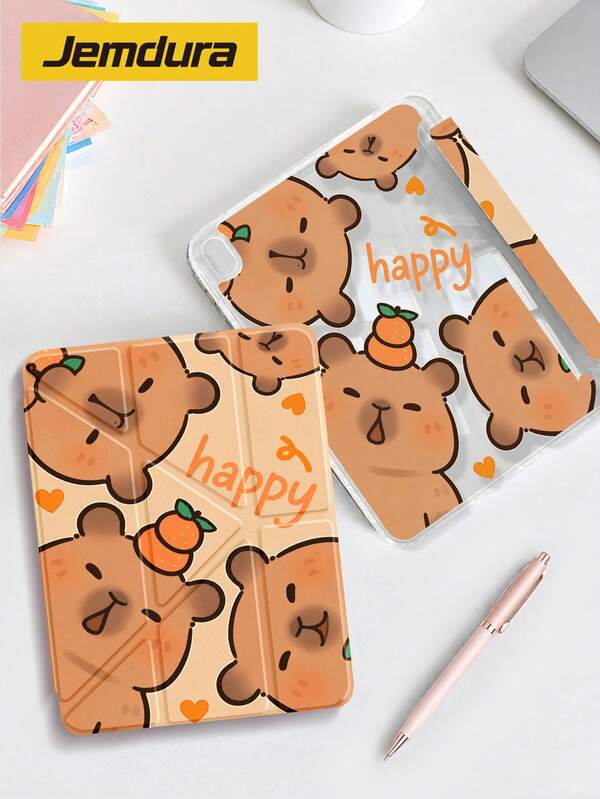 1pc Cartoon Animal Capybara Pattern Tablet Protective Case, Y-Fold Stand Style, Double-Sided Printed Pattern Tablet Protective Case, Compatible With IPad 10.2 Inch, (A16) 11 Inch 11th Gen 2025/10th Gen, Air 8(M4)2026(11-Inch), Anti-Drop, With Pen Slot, Supports Sleep/Wake.