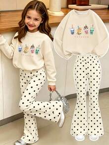 2pcs/Set Teen Girls Casual Outfit, Pearl Milk Tea Pattern Crew Neck Sweatshirt And Polka Dot Flare Pants - Apricot - View 1