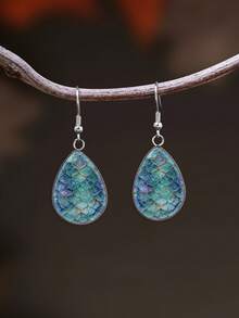 1 Pair Dreamy Glamorous Shiny Mermaid Scale Pattern With 316 Stainless Steel Water Drop Earrings Suitable For Women's Daily Wear - Mint Blue - View 2