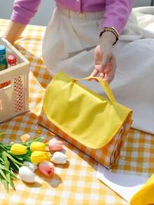 1pc Yellow & White Plaid Sand-Proof Picnic Mat, Orange Border, Foldable Durable Non-Woven Fabric, Suitable For Camping, Hiking And Outdoor Activities, Camping Essential, Plaid Pattern, Durable Canvas Material, Camping Accessory - Multicolor - View 12