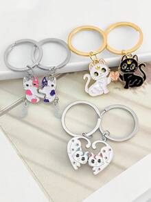 Matching Couple Cat Keychains Set, Cute Enamel Cartoon Kitten Split Heart Key Rings, BFF Best Friend Lover Matching Key Chain Pendant - Multicolor - View 1