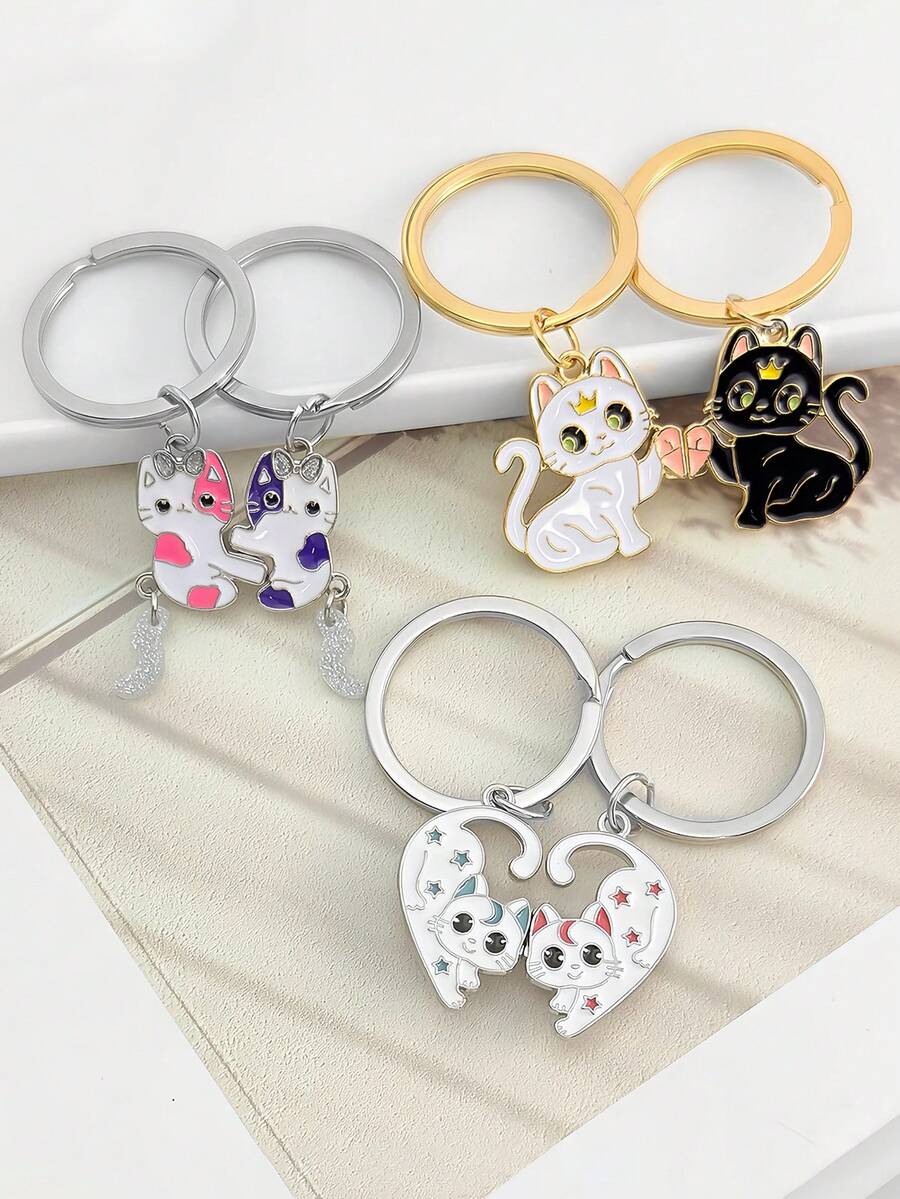 Matching Couple Cat Keychains Set, Cute Enamel Cartoon Kitten Split Heart Key Rings, BFF Best Friend Lover Matching Key Chain Pendant - Multicolor - View 1