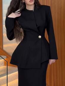 Women's Elegant Commute Long Sleeve Open Front Waist-Cinching Blazer (With Shoulder Pads) Solid Color Office Daily Autumn/Winter - Black - View 2
