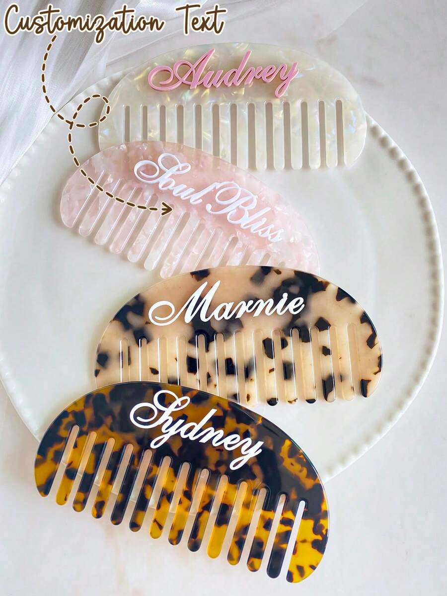 Personalized Women's Hair Fork, Retro Acetate Design With Faux Pearl Textured Leopard Pattern, Name Customization Hair Accessory, Wide Tooth Comb Hair Clip, Bridesmaid Bride Gift, French Hair Comb, Bachelorette Party - Multicolor - View 1