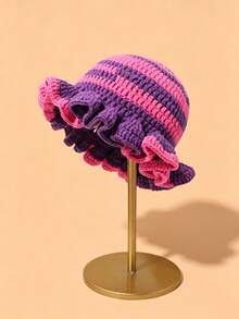 Contrast Color Knit Large Ruffle Edge Versatile Handmade Crochet Hat (Random Hat Color) - Multicolor - View 4