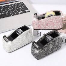 1PC Shiny Elegant Rhinestone PVC Office Tape Dispenser, Effortless Transparent Tape Cutter, Masking Tape Cutter, Stationery, School Supplies, Office Supplies, Office Desk Accessories, Ribbon Cutter, Desktop Storage Box - Multicolor - View 7