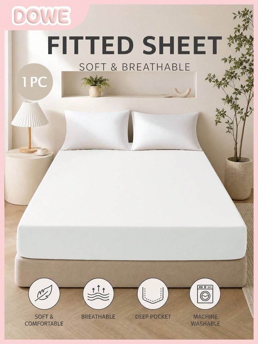 1pc Solid Color 25cm Deep Pocket Fitted Sheet, Soft Breathable Mattress Protector, Suitable For All Bed Sizes, Dorm Home Bedding Decor - White - View 1